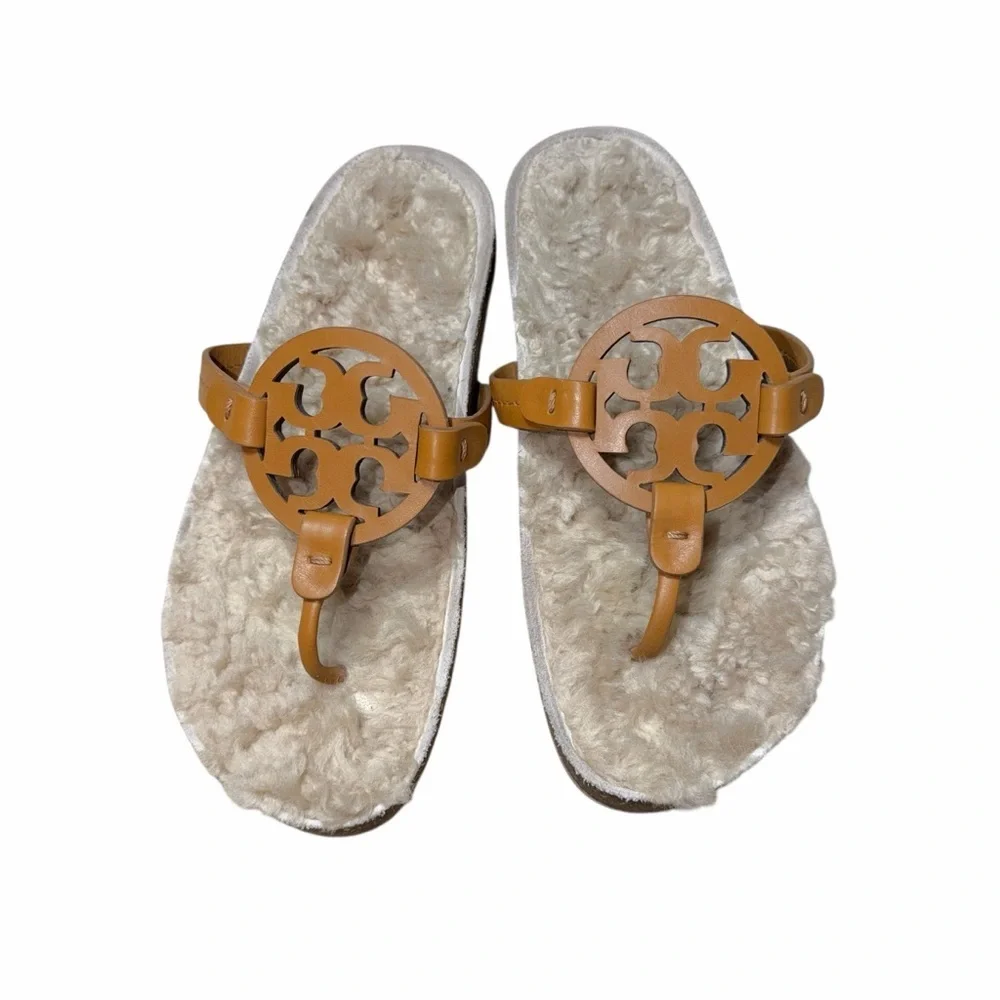 Tory Burch Tan Miller Cloud Shearling Sandals Womans 7